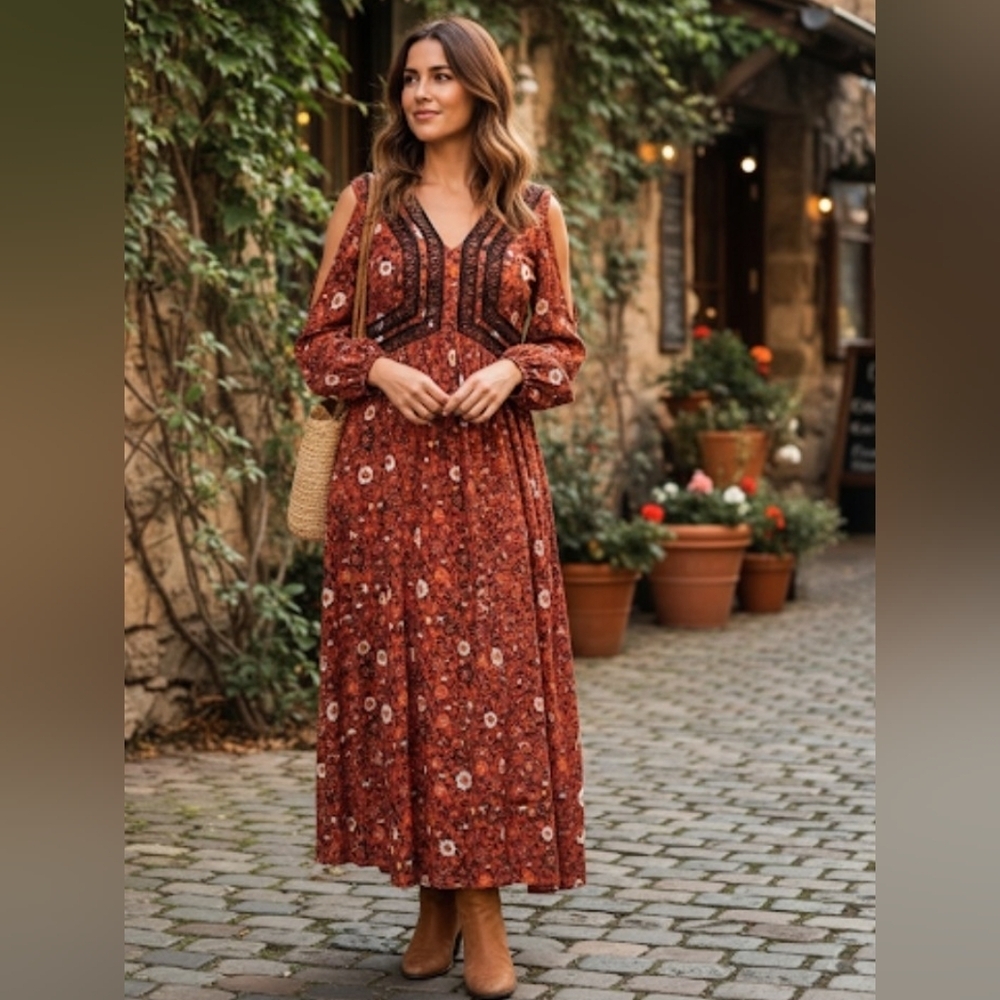 Nanette Lepore Floral Bohemian Maxi Dress Peasant Style Size 4.